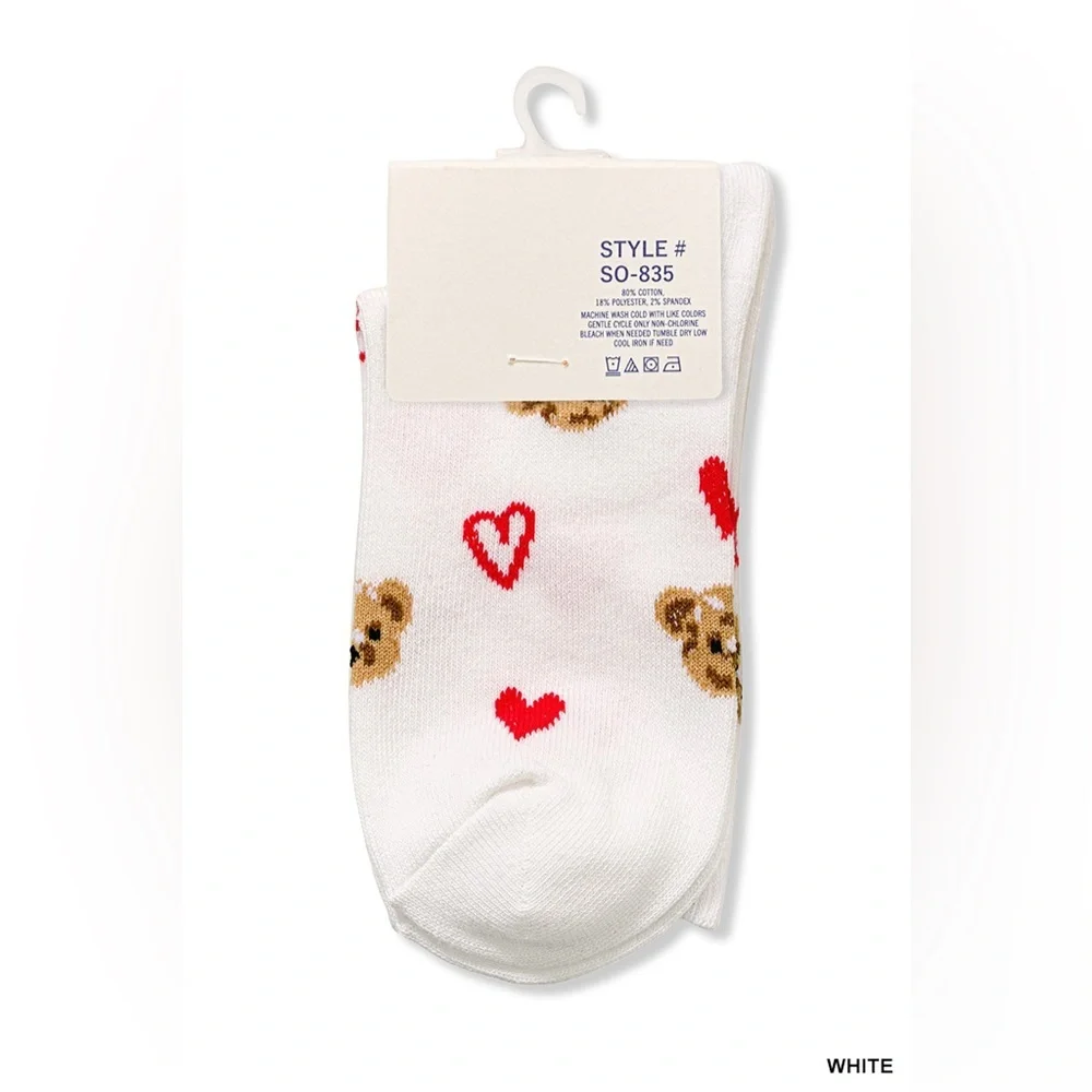 NWT Zenana White & Pink Teddy Bear Heart Crew Socks Cozy Cute Gift One Size